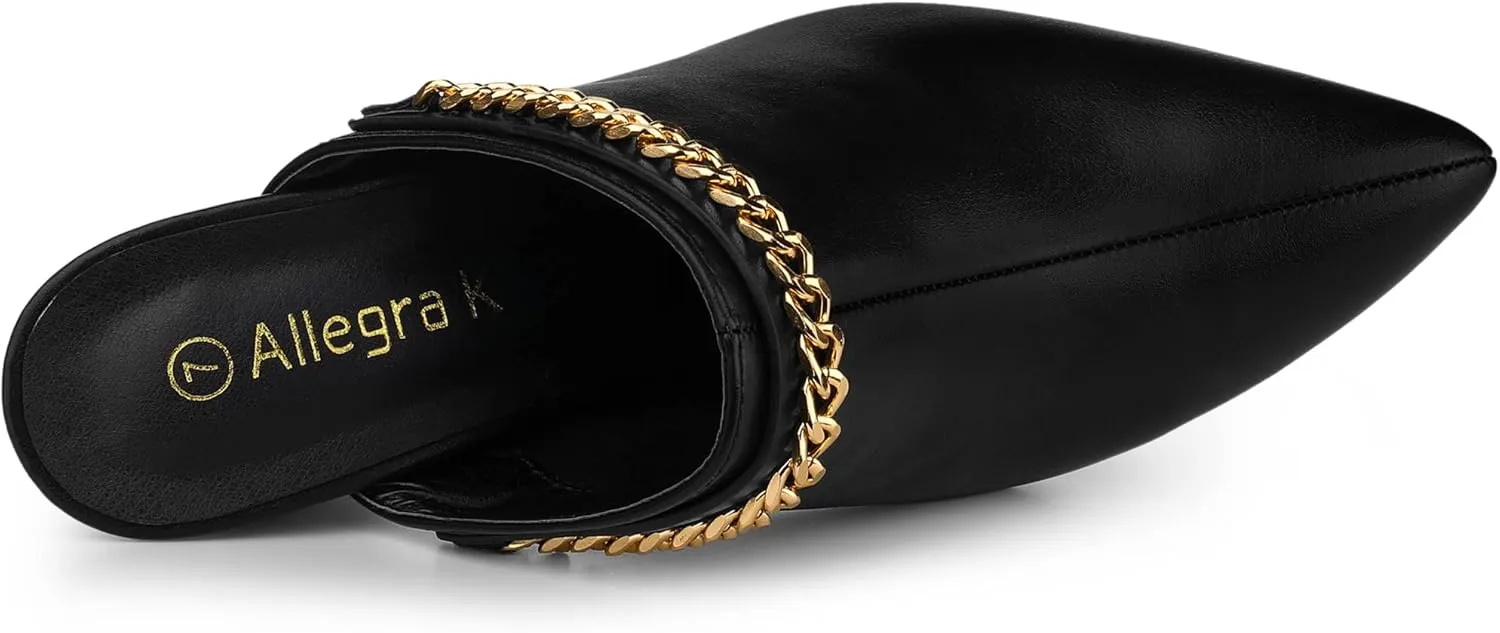 Allegra K Women's Chain Mule Slides for Woman, Pointed Toe Slip on Block Heel Slide Mules