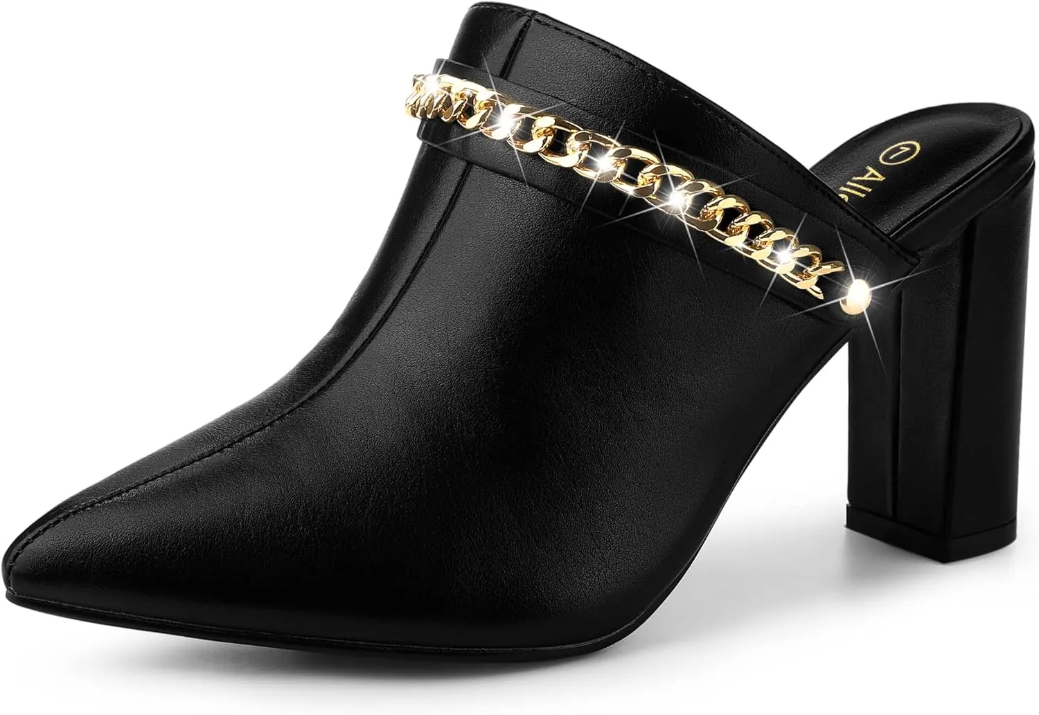 Allegra K Women's Chain Mule Slides for Woman, Pointed Toe Slip on Block Heel Slide Mules