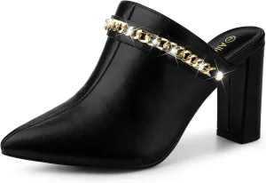 Allegra K Women's Chain Mule Slides for Woman, Pointed Toe Slip on Block Heel Slide Mules