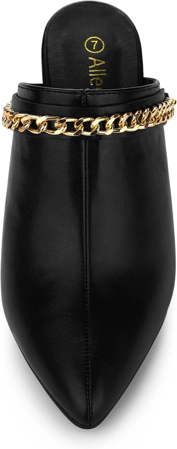 Allegra K Women's Chain Mule Slides for Woman, Pointed Toe Slip on Block Heel Slide Mules