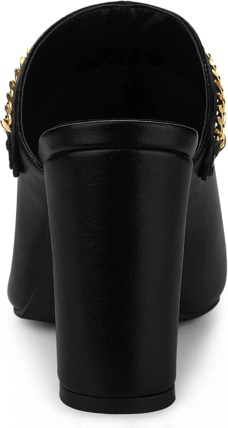 Allegra K Women's Chain Mule Slides for Woman, Pointed Toe Slip on Block Heel Slide Mules
