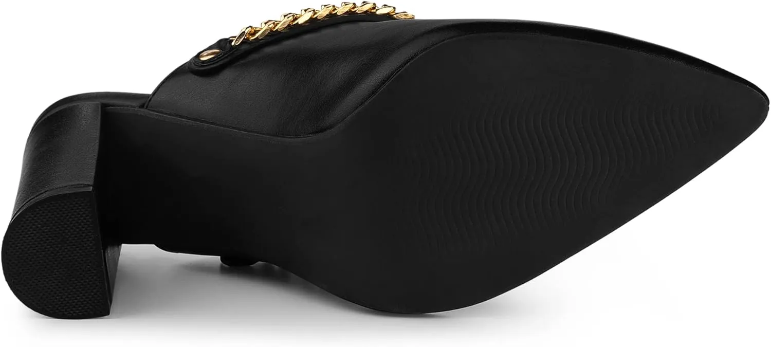 Allegra K Women's Chain Mule Slides for Woman, Pointed Toe Slip on Block Heel Slide Mules