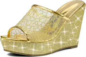 Allegra K Women's Glitter Platform Heels Slide Wedge Sandals