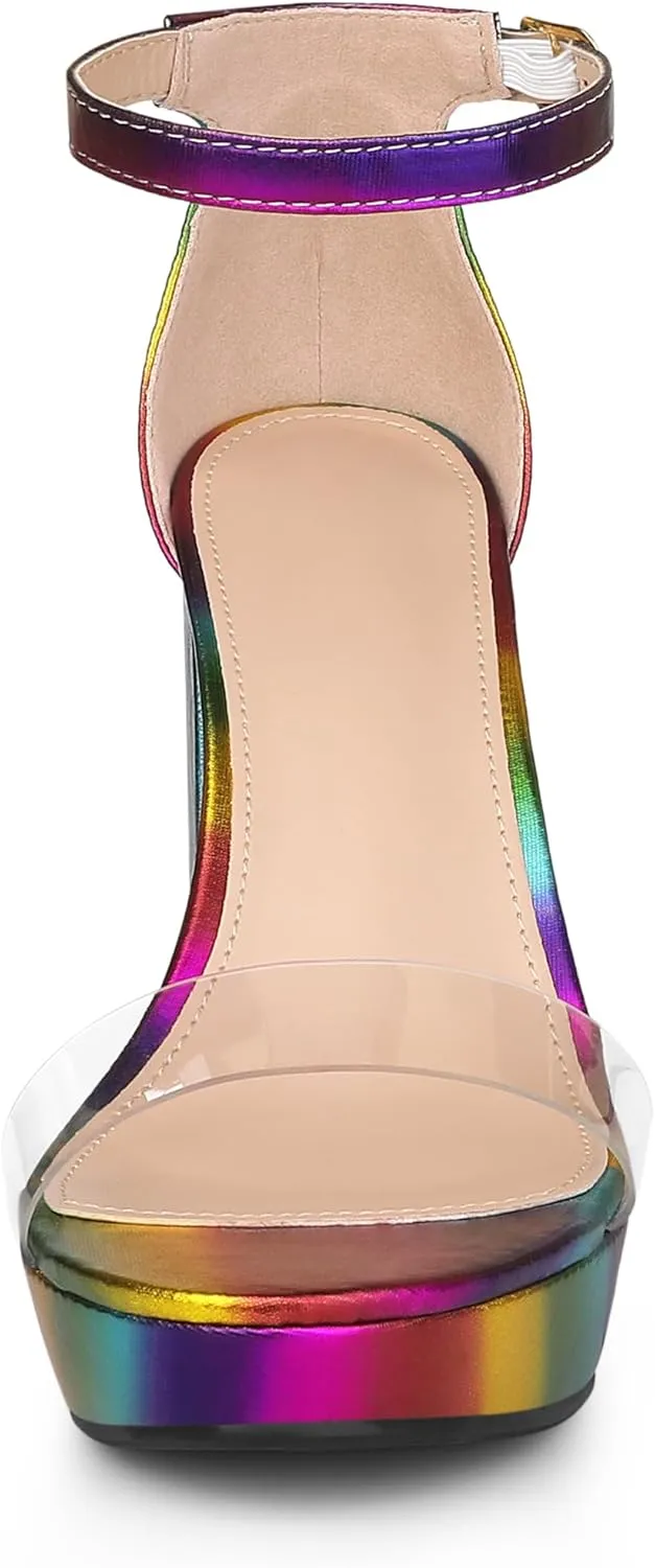 Allegra K Women's Printed Clear Platform Chunky Heel Sandals