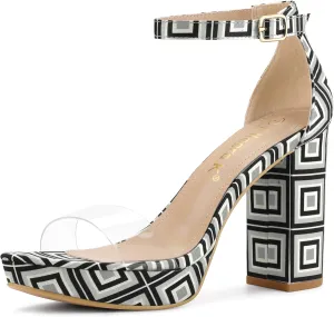 Allegra K Women's Printed Clear Platform Chunky Heel Sandals