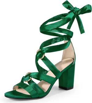 Allegra K Women's Strappy Lace Up Satin Chunky Heel Sandals