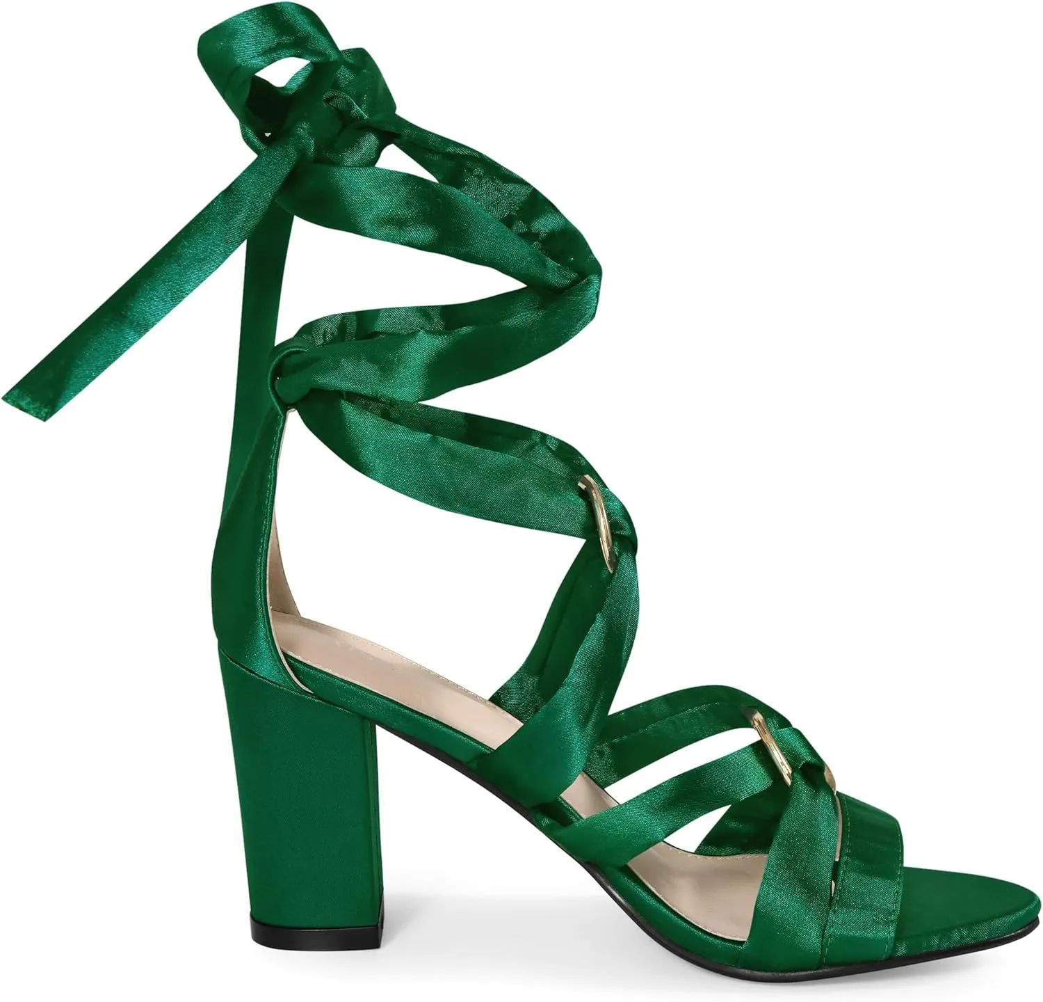 Allegra K Women's Strappy Lace Up Satin Chunky Heel Sandals