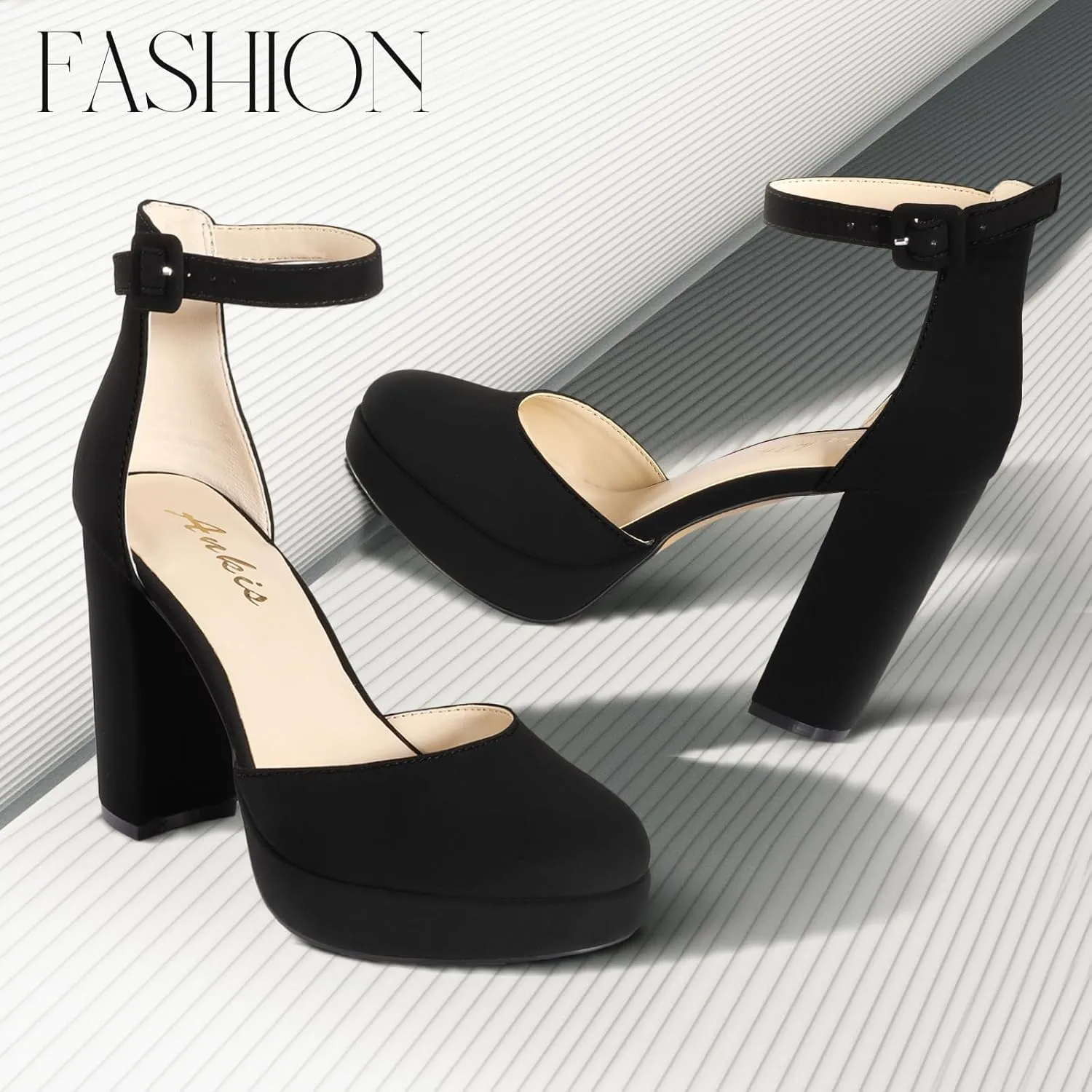 Ankis Black Platform Closed Toe Heels for Women, Womens Heels Closed Round Toe Chunky Block Pumps Shoes, 4 Inch
