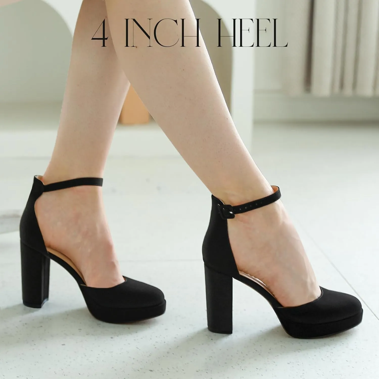Ankis Black Platform Closed Toe Heels for Women, Womens Heels Closed Round Toe Chunky Block Pumps Shoes, 4 Inch