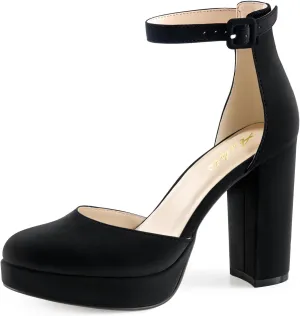 Ankis Black Platform Closed Toe Heels for Women, Womens Heels Closed Round Toe Chunky Block Pumps Shoes, 4 Inch