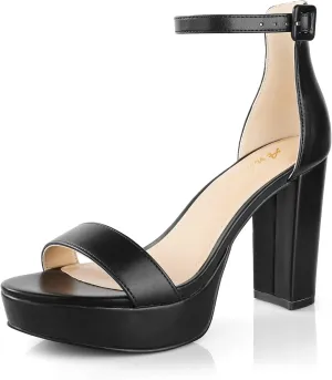 Ankis Chunky Platform Heels - 4 Inch Block Heeled Sandals for Women - Comfortable Open Toe Strappy Heels - Black, Nude, White, Silver, Gold - Summer Dress Shoes