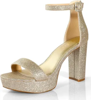 Ankis Chunky Platform Heels - 4 Inch Block Heeled Sandals for Women - Comfortable Open Toe Strappy Heels - Black, Nude, White, Silver, Gold - Summer Dress Shoes