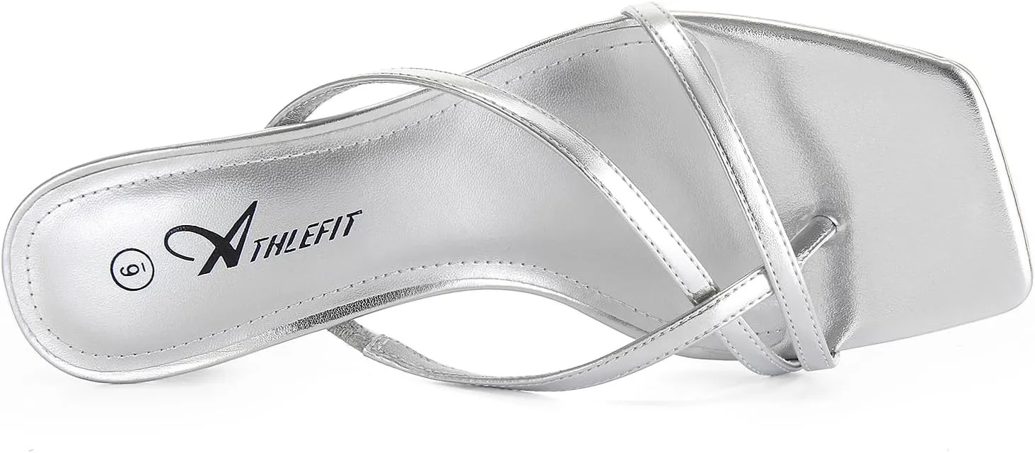 Athlefit Women's Strappy Kitten Heels Flip Flops Square Open Toe Low Heels Fashion Party Dress Thong Heeled Sandals