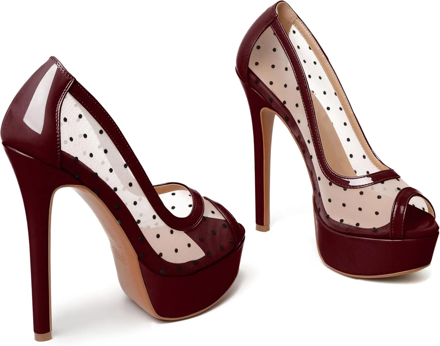 AUMOTED Women's Peep Toe High Heel Platform Stiletto Pumps Slip On Patent Mesh Polka Dot Heels 5.5" Party Wedding Dress Shoes