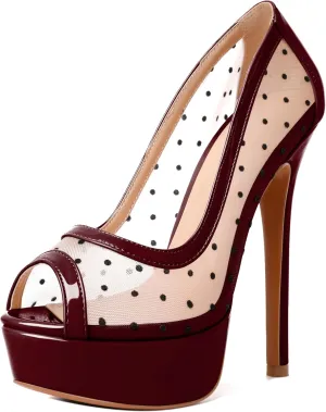 AUMOTED Women's Peep Toe High Heel Platform Stiletto Pumps Slip On Patent Mesh Polka Dot Heels 5.5" Party Wedding Dress Shoes