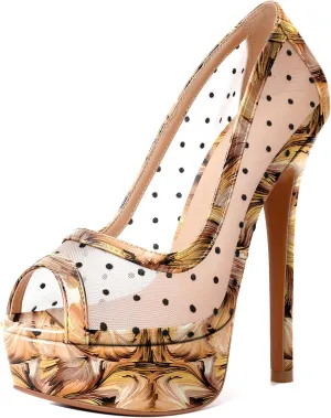AUMOTED Women's Peep Toe High Heel Platform Stiletto Pumps Slip On Patent Mesh Polka Dot Heels 5.5" Party Wedding Dress Shoes