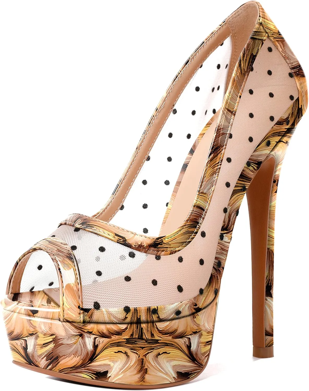AUMOTED Women's Peep Toe High Heel Platform Stiletto Pumps Slip On Patent Mesh Polka Dot Heels 5.5" Party Wedding Dress Shoes