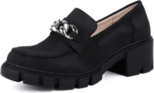 Bandkos Womens Slip On Penny Loafers Platform Chunky Loafer Lug Sole Suede Work Business Casual Dress Uniform Oxfords with Metal Chain Black