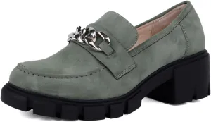 Bandkos Womens Slip On Penny Loafers Platform Chunky Loafer Lug Sole Suede Work Business Casual Dress Uniform Oxfords with Metal Chain Green
