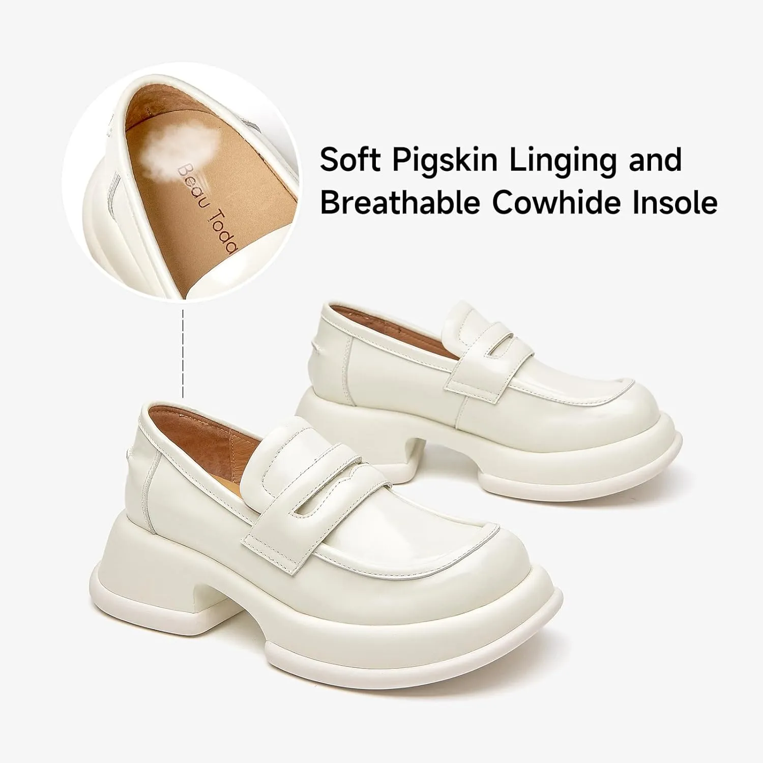BEAU TODAY Chunky Loafers for Women, Womens Leather Penny Loafers, Comfortable Slip on Business Casual Square Toe Non-Slip Office Ladies Dress Shoes