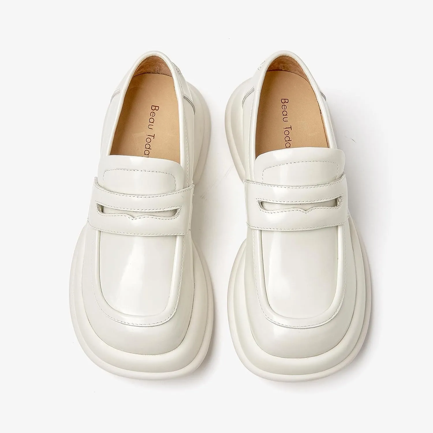 BEAU TODAY Chunky Loafers for Women, Womens Leather Penny Loafers, Comfortable Slip on Business Casual Square Toe Non-Slip Office Ladies Dress Shoes
