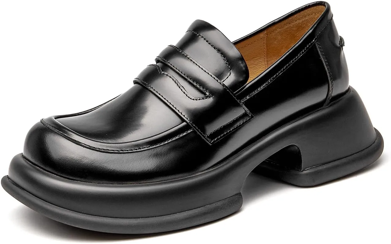 BEAU TODAY Chunky Loafers for Women, Womens Leather Penny Loafers, Comfortable Slip on Business Casual Square Toe Non-Slip Office Ladies Dress Shoes