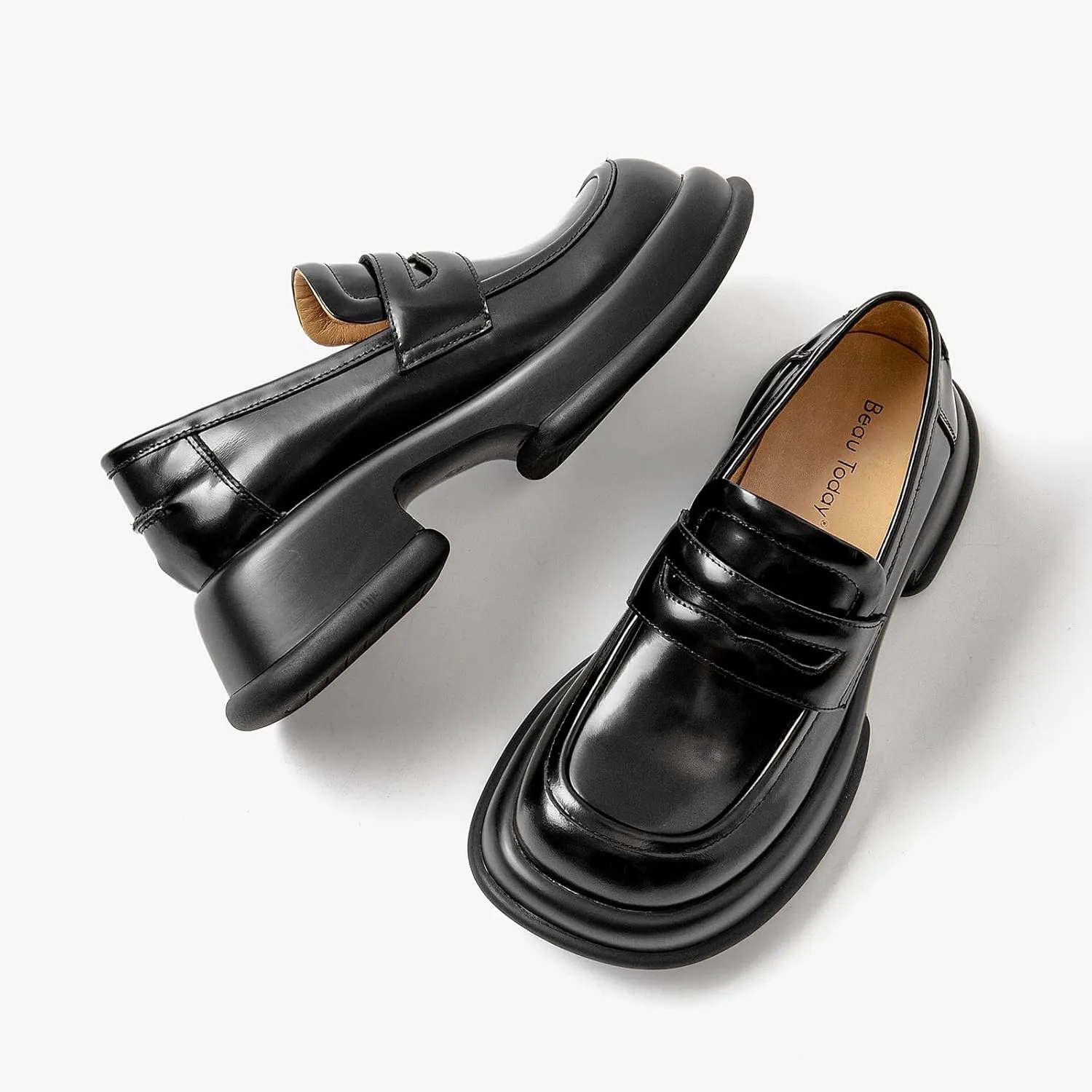 BEAU TODAY Chunky Loafers for Women, Womens Leather Penny Loafers, Comfortable Slip on Business Casual Square Toe Non-Slip Office Ladies Dress Shoes