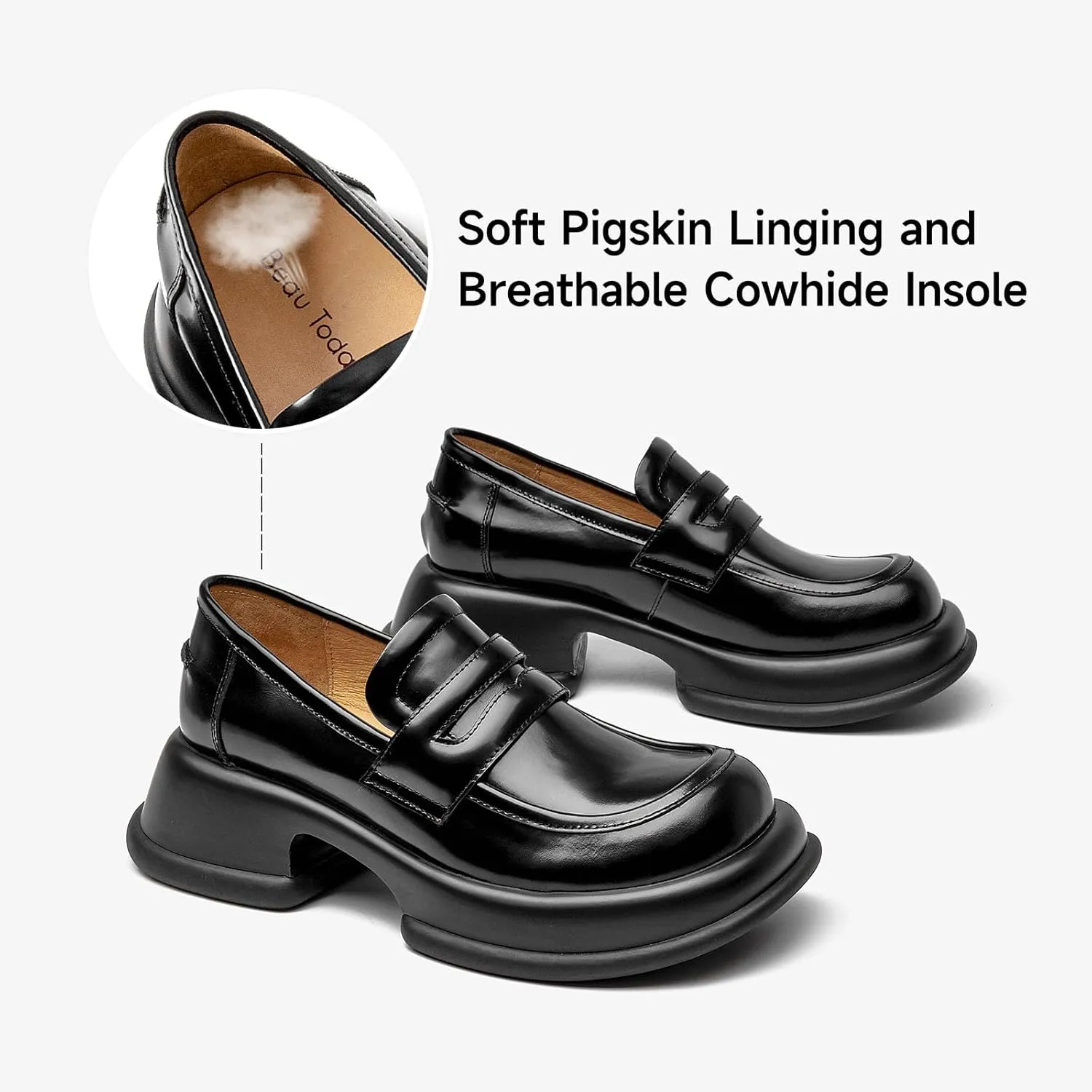 BEAU TODAY Chunky Loafers for Women, Womens Leather Penny Loafers, Comfortable Slip on Business Casual Square Toe Non-Slip Office Ladies Dress Shoes