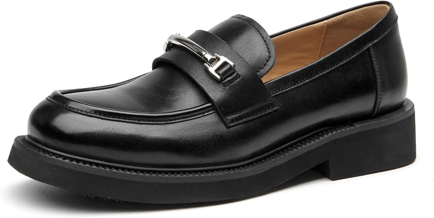 BEAU TODAY Platform Loafers for Women, Chunky Leather Loafers Women, Women’s Slip-on Comfortable Business Casual Round Toe Office Walking Ladies Shoes
