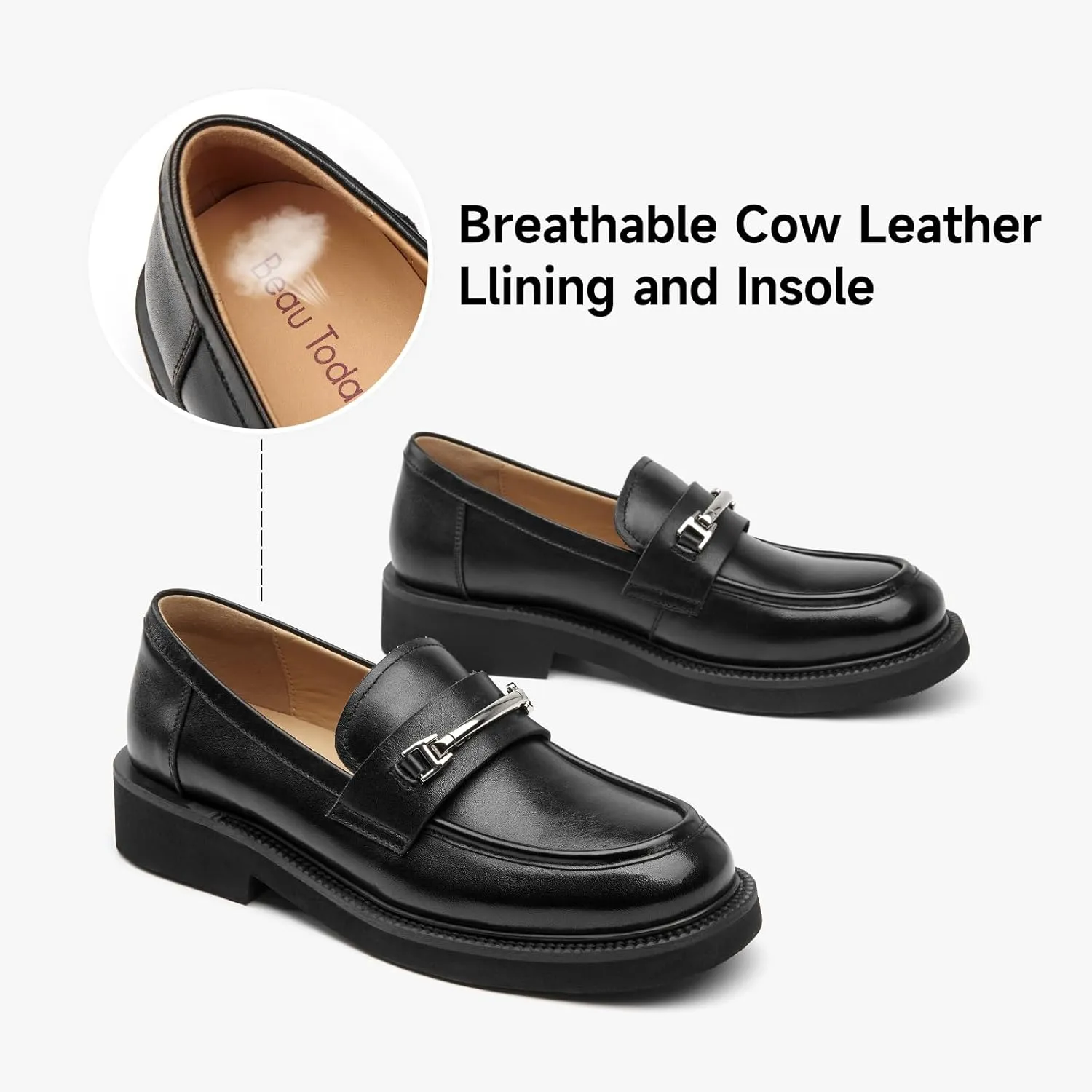 BEAU TODAY Platform Loafers for Women, Chunky Leather Loafers Women, Women’s Slip-on Comfortable Business Casual Round Toe Office Walking Ladies Shoes