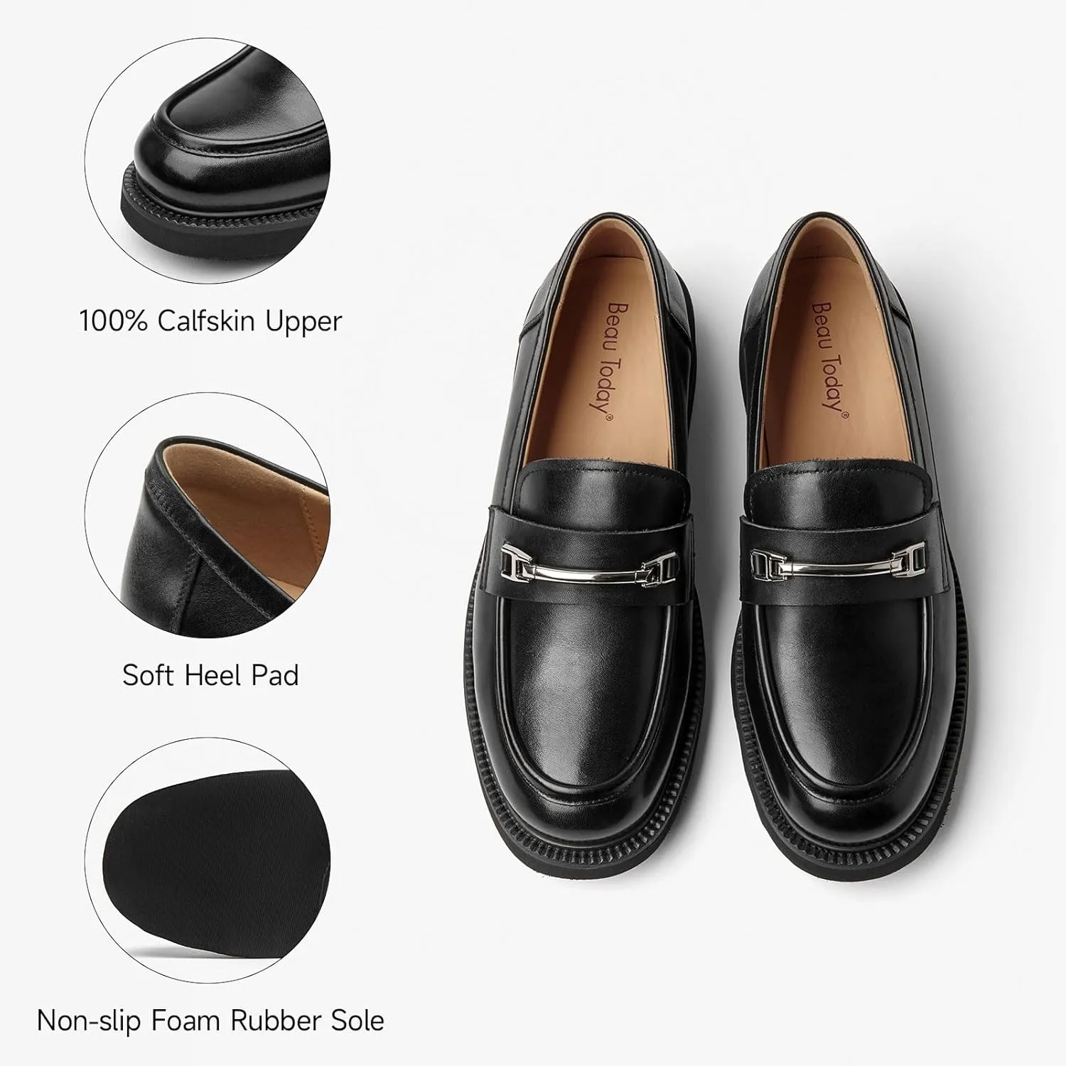 BEAU TODAY Platform Loafers for Women, Chunky Leather Loafers Women, Women’s Slip-on Comfortable Business Casual Round Toe Office Walking Ladies Shoes