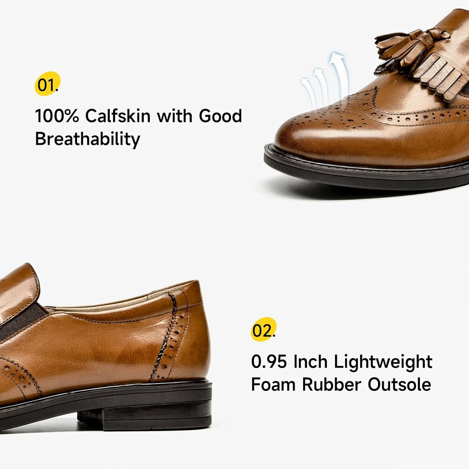 BEAU TODAY Tassel Loafers for Women,Leather Brogue Dress Shoes,Wingtips Oxford for Women,Breathable Comfortable Slip-on Lace-up Handmade Flat Shoes for Business Work