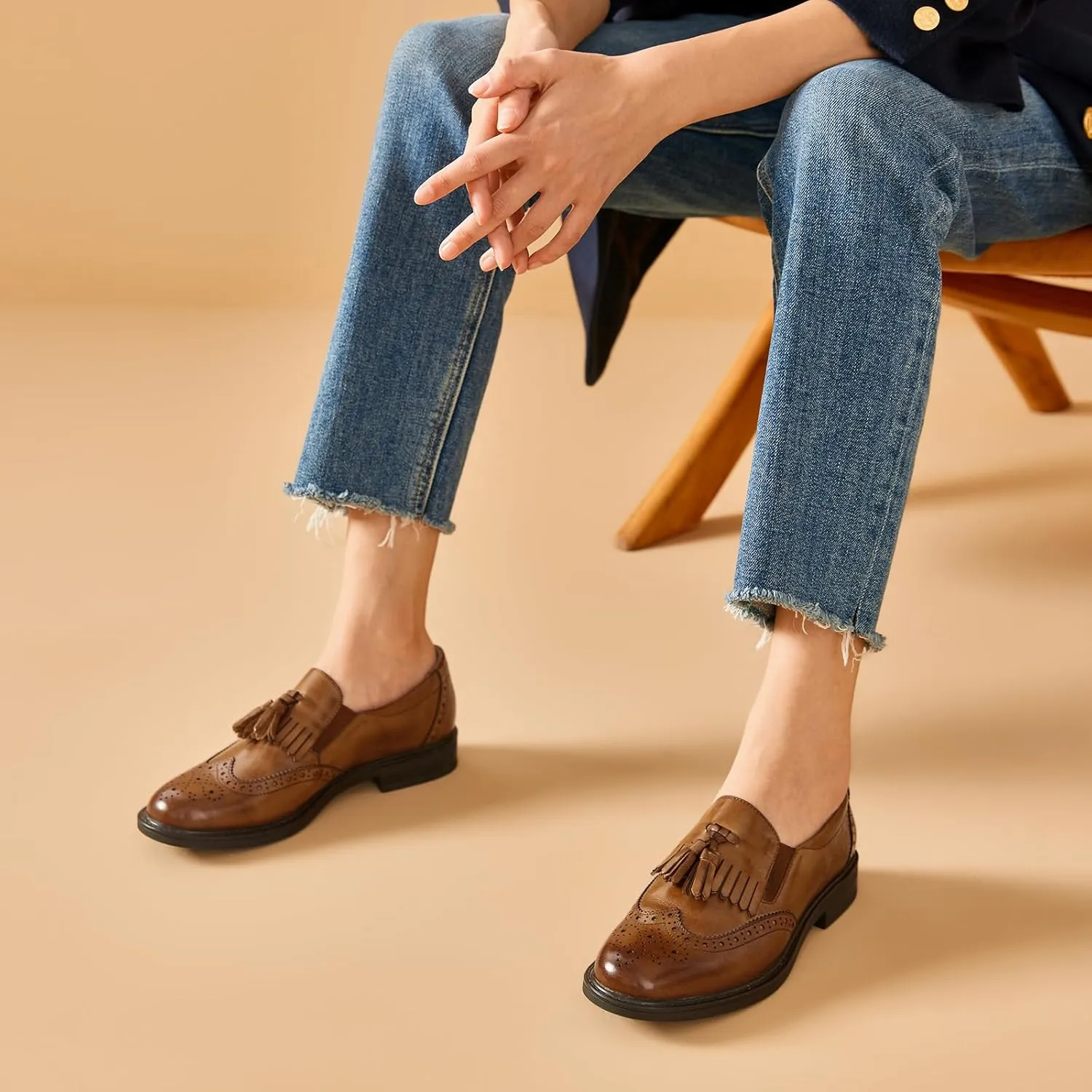 BEAU TODAY Tassel Loafers for Women,Leather Brogue Dress Shoes,Wingtips Oxford for Women,Breathable Comfortable Slip-on Lace-up Handmade Flat Shoes for Business Work