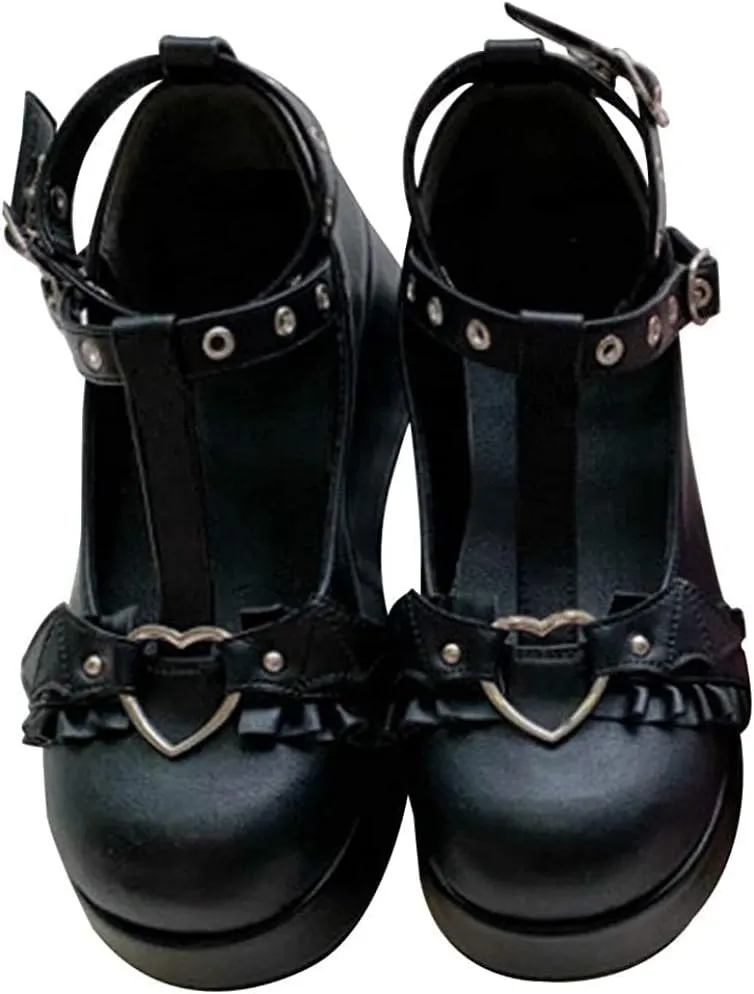 BYOMIGY Mary Jane Shoes Women Goth Platform Heels Chunky Heel Pumps with Ankle Strap Wedge Heels for Women