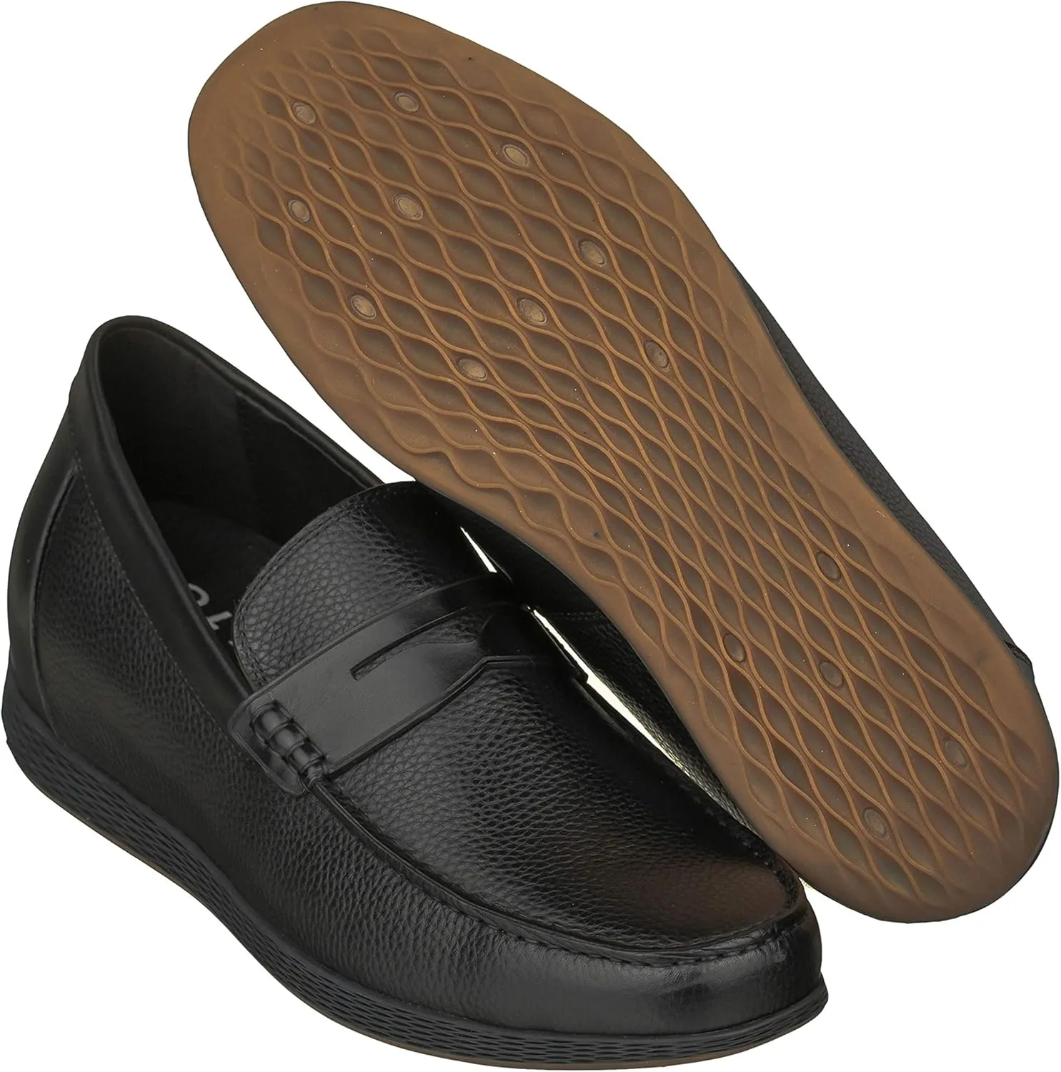 CALTO Men's Invisible Height Increasing Elevator Shoes - Black Premium Leather Slip-on Lightweight Casual Loafers - 2.4 Inches Taller - S1090 - Size 11.5 D(M) US