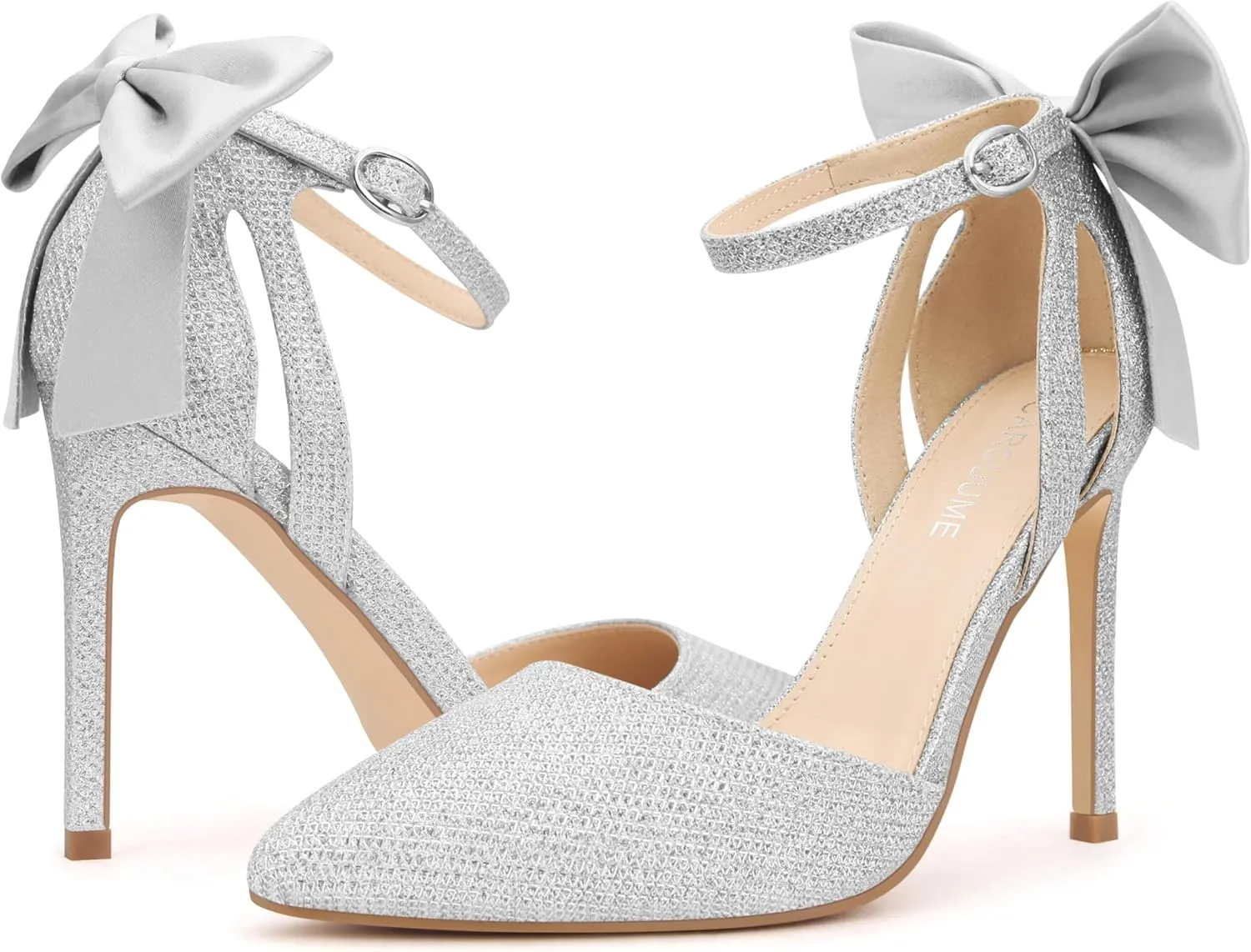Carcuume Womens Bow Tie Back Heels Close Toe Pumps Stiletto High Heels Wedding Shoes Ankle Strap Heel Sandals