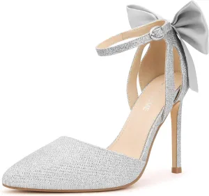 Carcuume Womens Bow Tie Back Heels Close Toe Pumps Stiletto High Heels Wedding Shoes Ankle Strap Heel Sandals