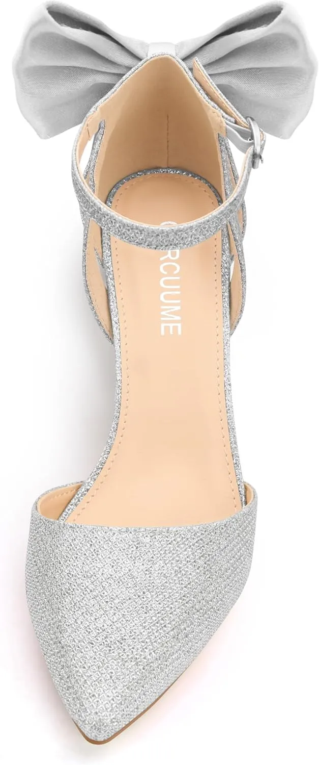 Carcuume Womens Bow Tie Back Heels Close Toe Pumps Stiletto High Heels Wedding Shoes Ankle Strap Heel Sandals