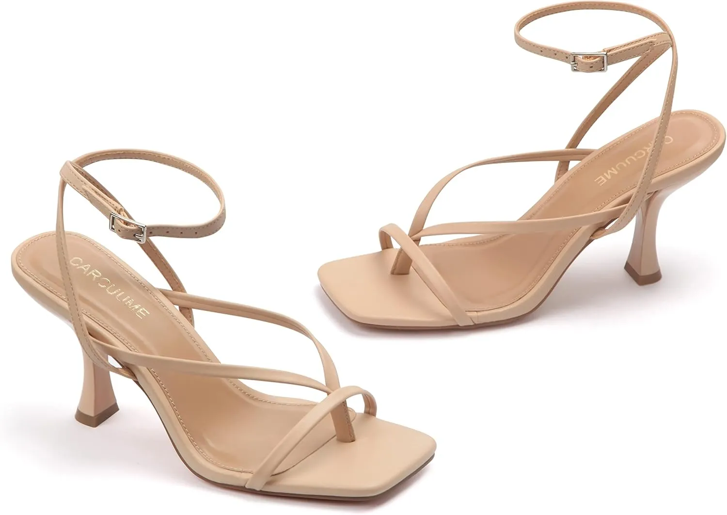 Carcuume Womens Kitten Heels Square Toe Thong Strappy Ankle Strap Stiletto Heel Sandals