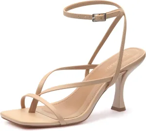Carcuume Womens Kitten Heels Square Toe Thong Strappy Ankle Strap Stiletto Heel Sandals
