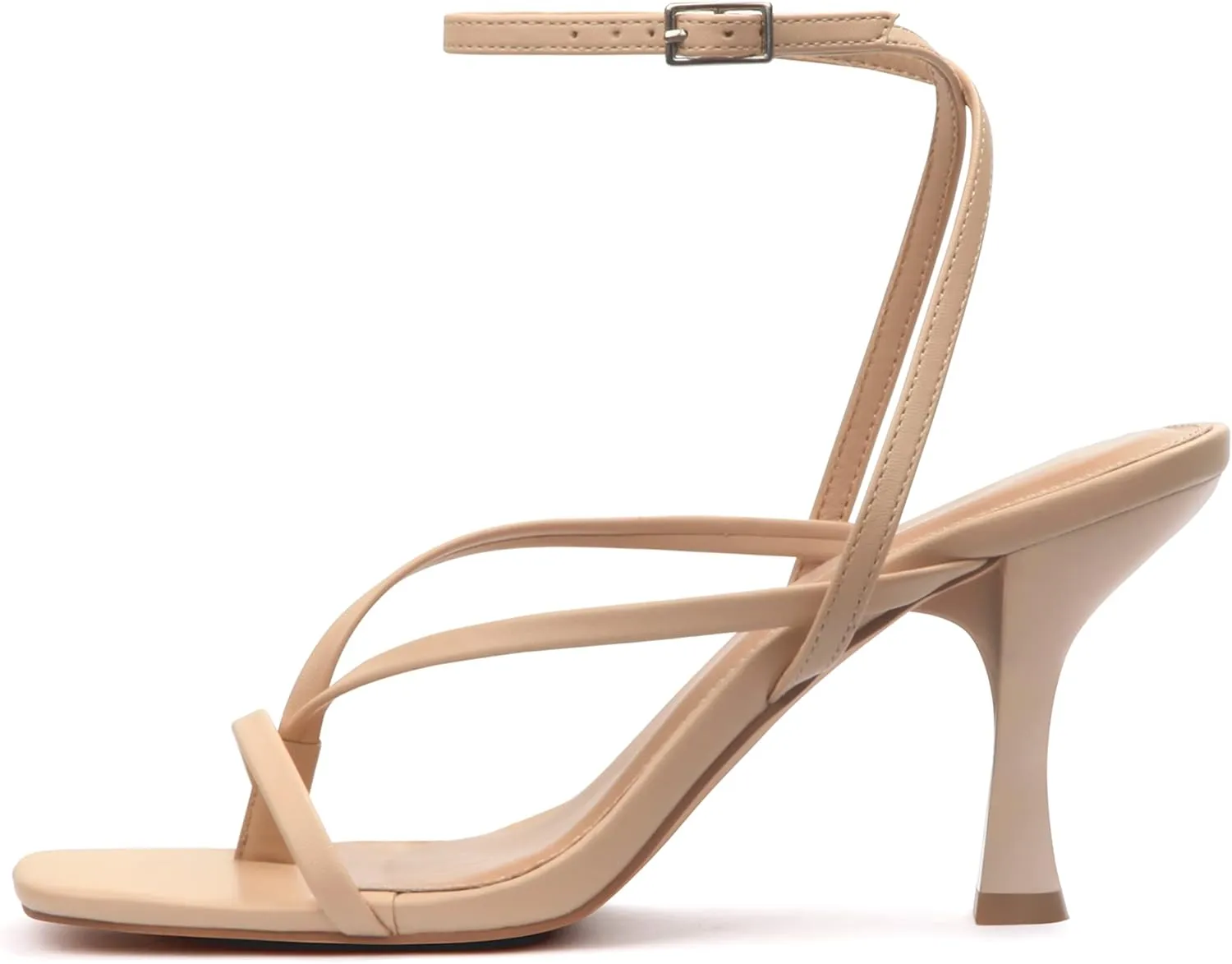 Carcuume Womens Kitten Heels Square Toe Thong Strappy Ankle Strap Stiletto Heel Sandals