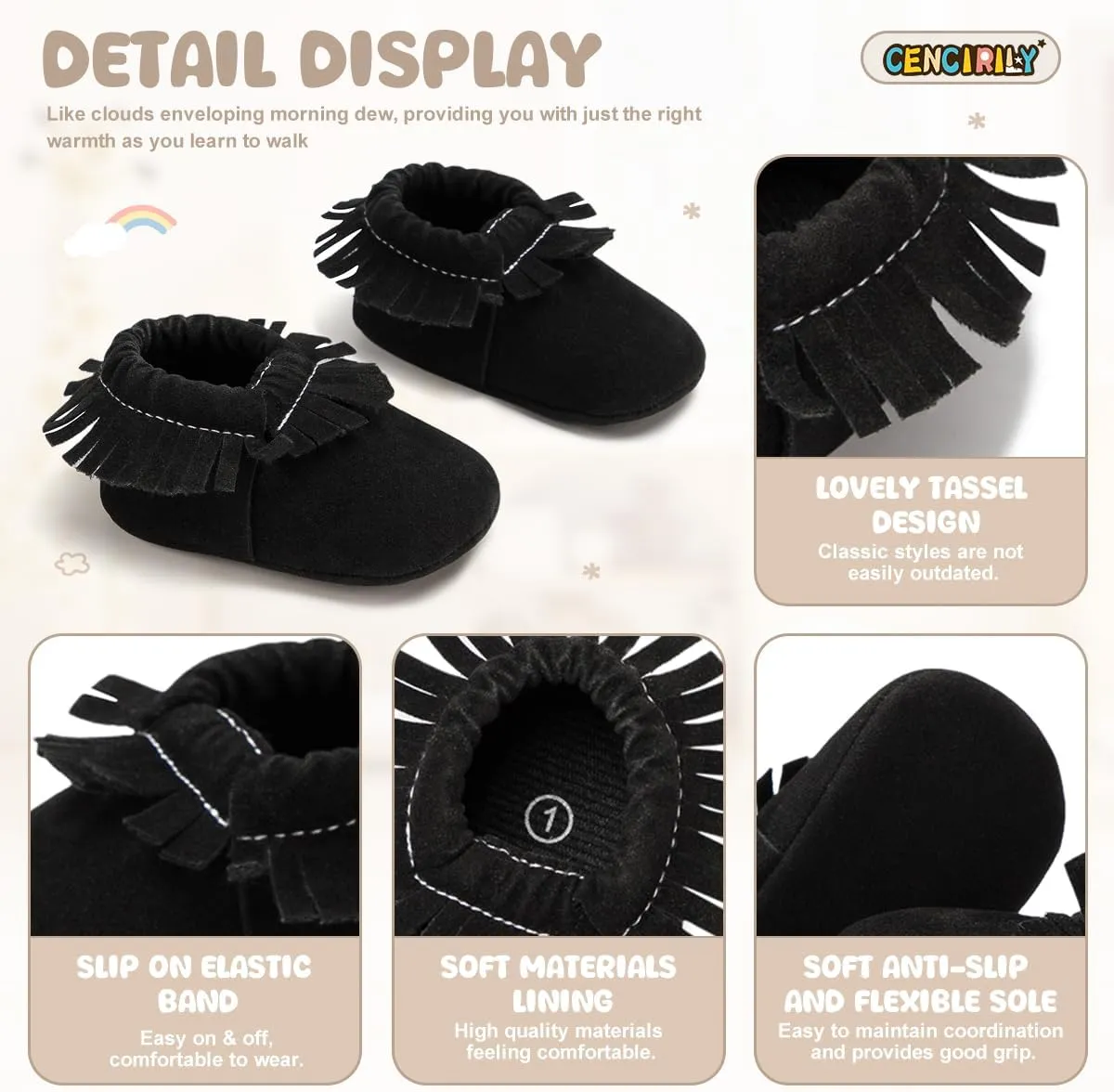 CENCIRILY Infant Baby Fringe Moccasin Slipper Boys Girls Tassel Suede Leather Toddler Sneakers Soft Sole First Walking Loafers Crib Shoes