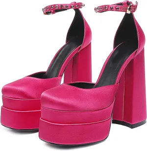 Chunky Block Heels for Women Square Toe Ankle Strap Buckle Rhinestones Wedge Silk Satin High Platform Heels Dress Pumps Shoes,Pink,37 EU/6.5 US