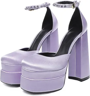 Chunky Block Heels for Women Square Toe Ankle Strap Buckle Rhinestones Wedge Silk Satin High Platform Heels Dress Pumps Shoes,Purple,37 EU/6.5 US