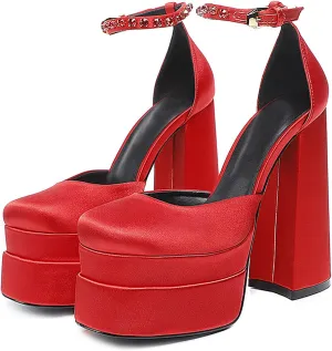 Chunky Block Heels for Women Square Toe Ankle Strap Buckle Rhinestones Wedge Silk Satin High Platform Heels Dress Pumps Shoes,Red,37 EU/6.5 US