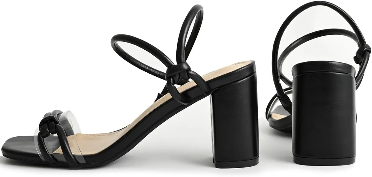 Chunky Heels for Women Square Open Toe Two Knotted Strap Pump Block Heeled Sandals Two Way Wear Slip On Black Nude High Heels