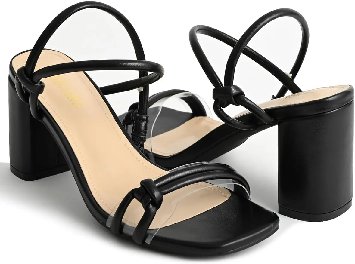 Chunky Heels for Women Square Open Toe Two Knotted Strap Pump Block Heeled Sandals Two Way Wear Slip On Black Nude High Heels