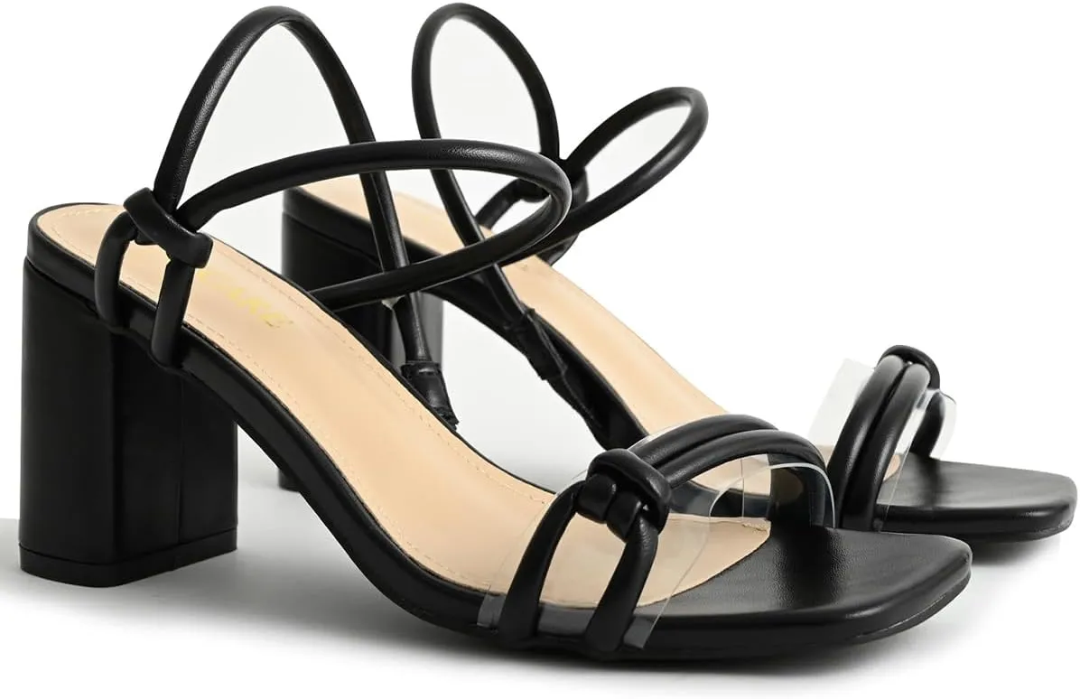 Chunky Heels for Women Square Open Toe Two Knotted Strap Pump Block Heeled Sandals Two Way Wear Slip On Black Nude High Heels