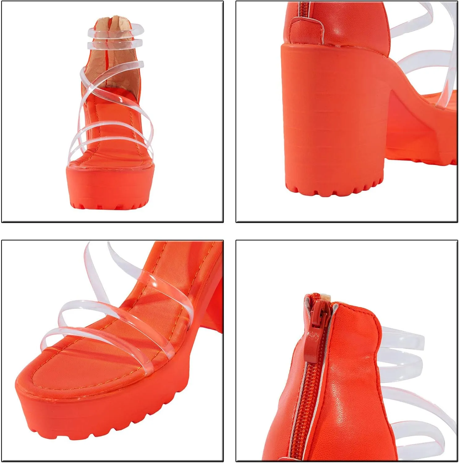 Clear Strap Heels for Women Platform Chunky Heels Sandals Comfy Ankle Strappy Open Toe Block Heeled Wedge Sandals with Back Zip