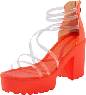Clear Strap Heels for Women Platform Chunky Heels Sandals Comfy Ankle Strappy Open Toe Block Heeled Wedge Sandals with Back Zip